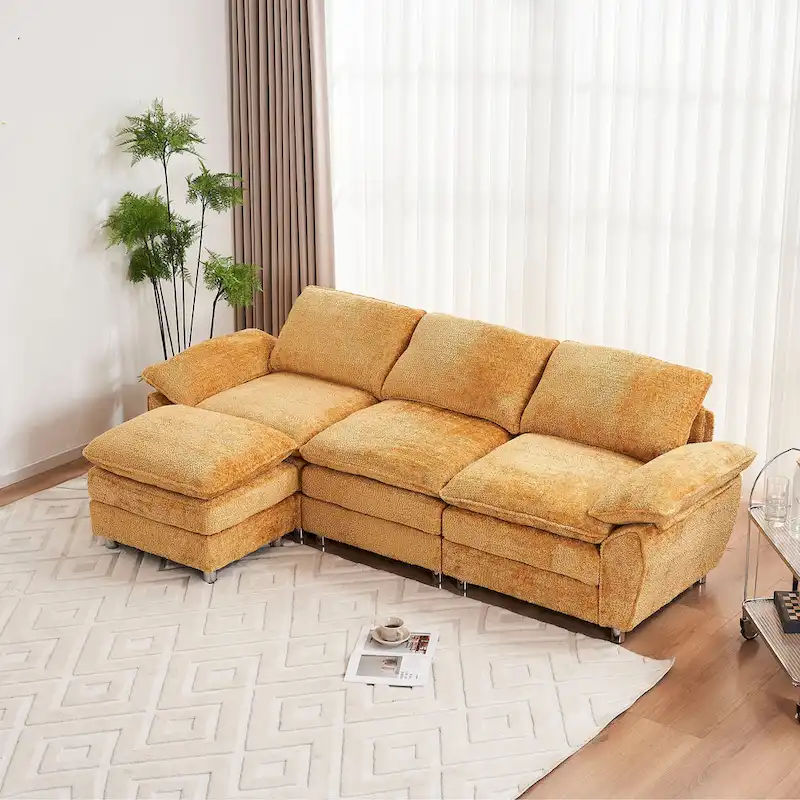Modern Deep 3-Seat Sofa Couch with Ottoman