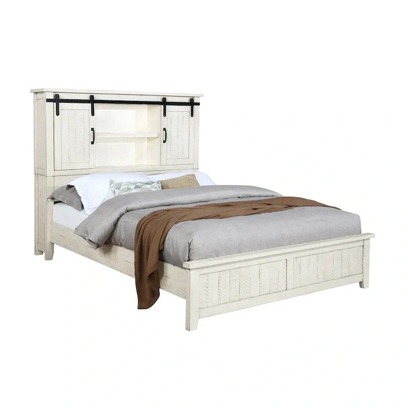 Modern Western White Solid Wood Bed with Storage Headboard