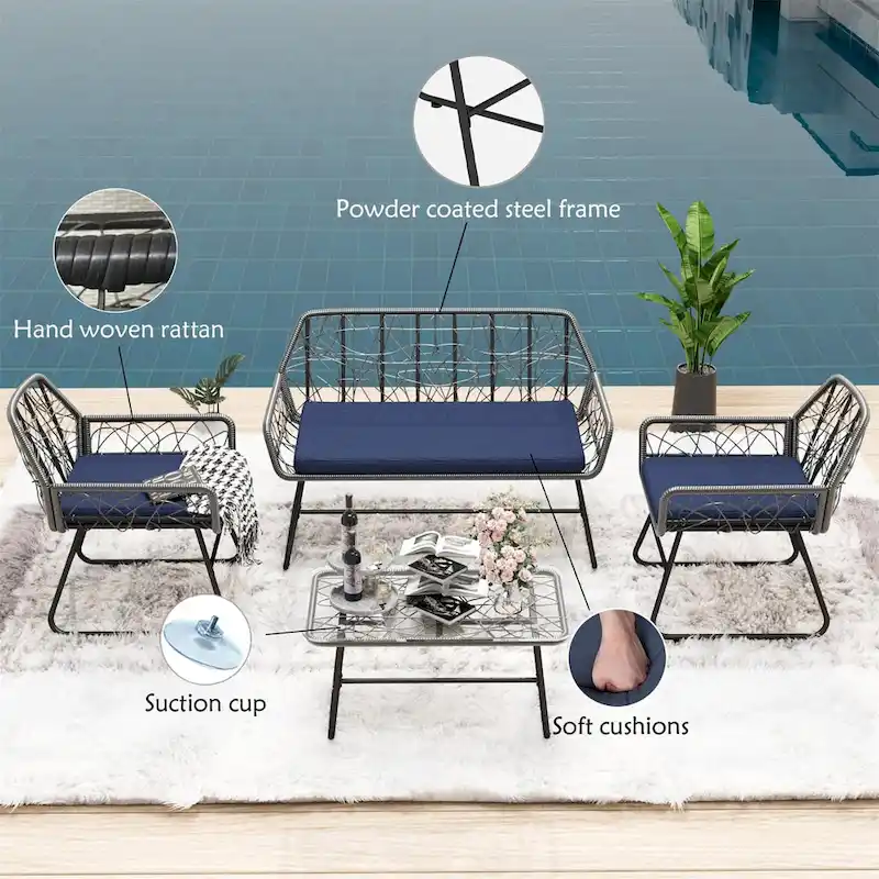 4-Piece Wicker Patio Set with Tempered Glass Table and Detachable Blue Cushions