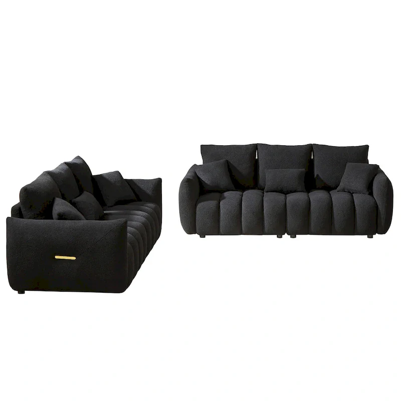 2-Pieces 6-Seat Teddy Fabric Sectional Sofa Set (3+3) with Wooden Frame & 6 Pillows
