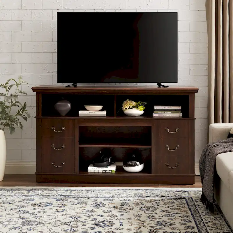 Rustic Farmhouse TV Stand with 6 Drawers, 4 Shelves & Cable Management – Fits 65