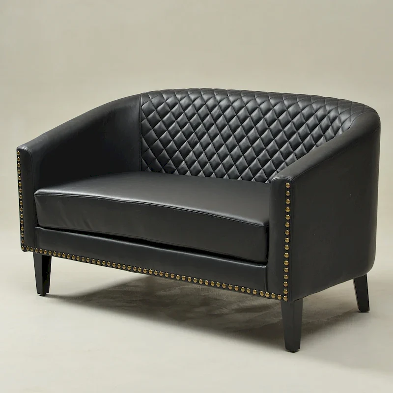 Tufted Faux Leather Barrel Loveseat, 2-Seater – Black / Cream / Burgundy / Coffee / Green / Brown