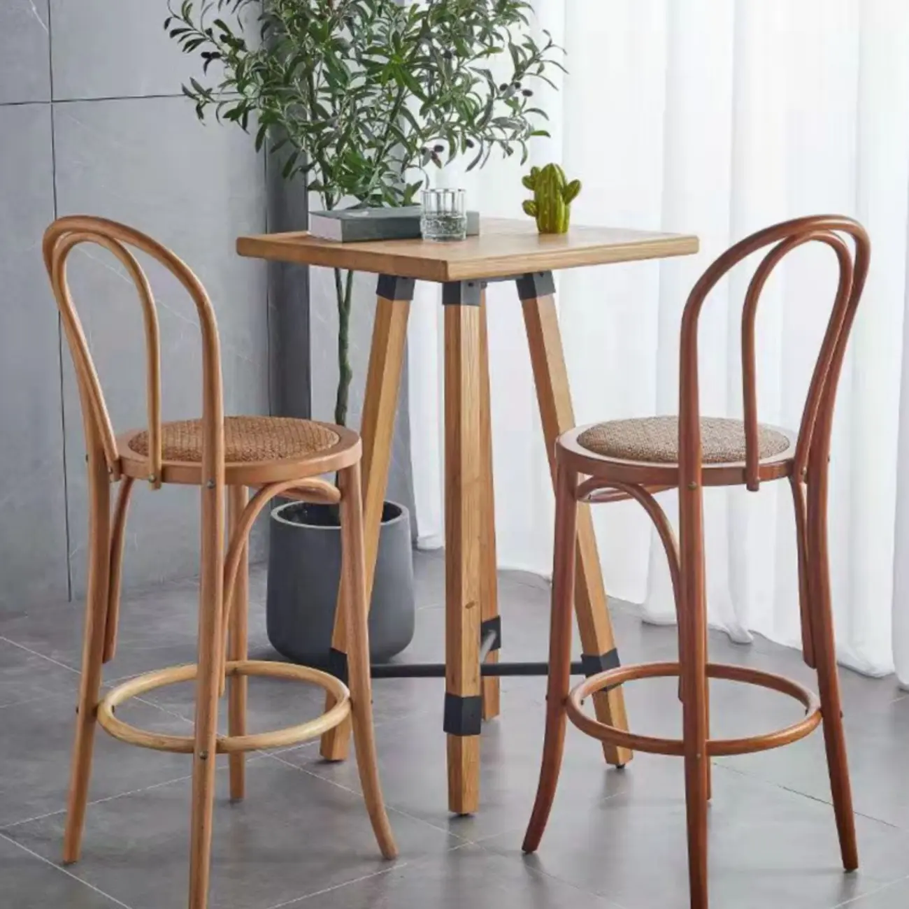 Walnut Beech Wood Leather Seat Bar Stools with Back