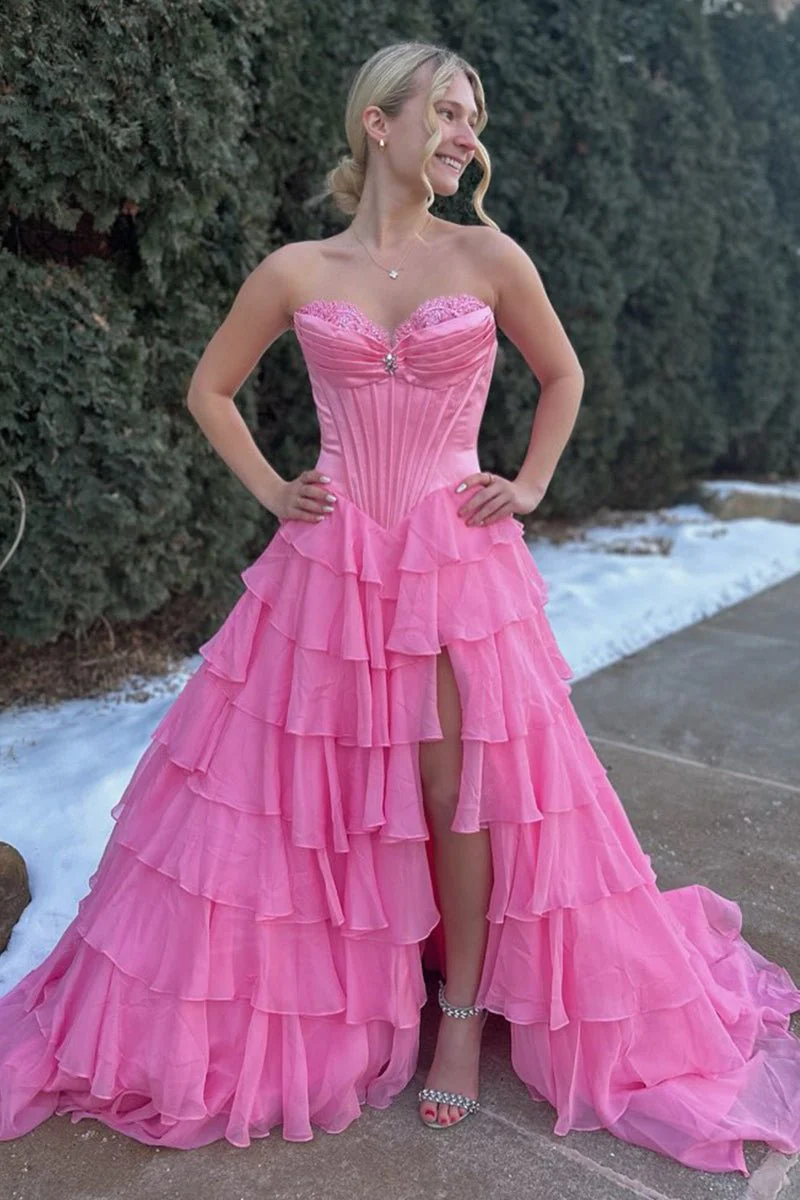Pink Sweetheart A Line Chiffon Ruffled Long Formal Prom Dresses With Beading