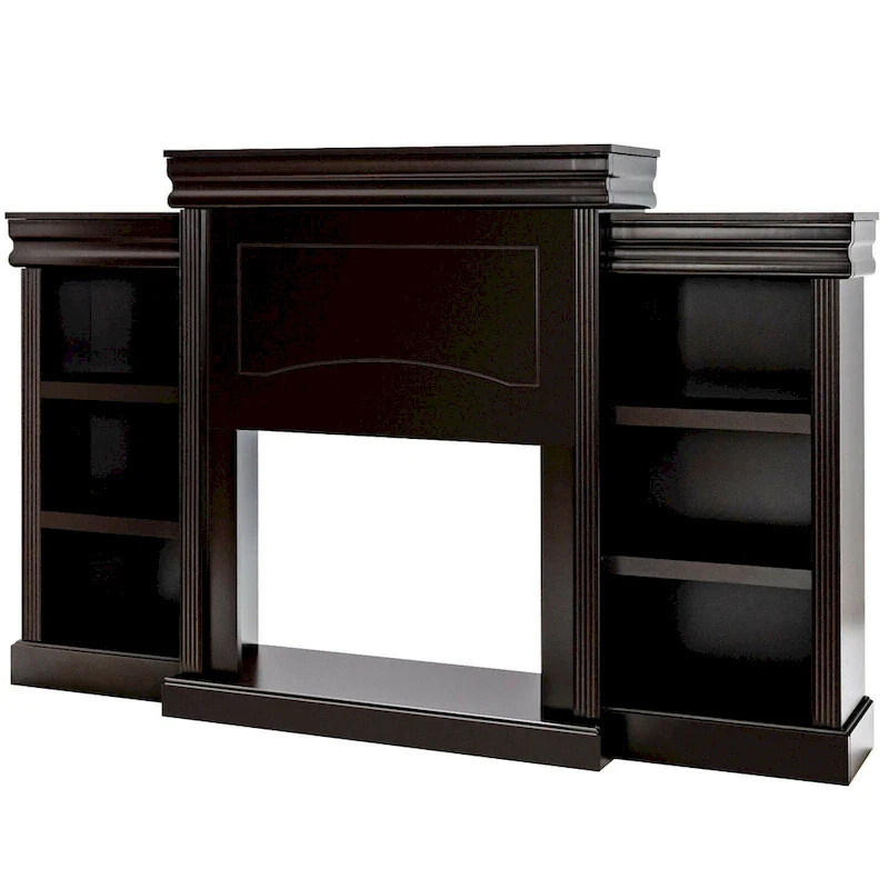 70-Inch Brown Media Entertainment Center with Bookcase and Fireplace Cabinet - 70  x 11 x 45 (L x W x H)