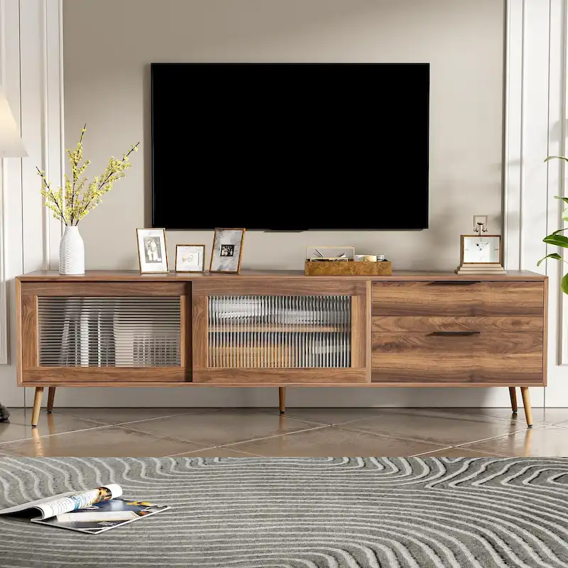 Modern TV Stand for 75 + TV, TV Console with 2 Glass Doors, Entertainment Center with 2 Drawers & Storage Cabinet