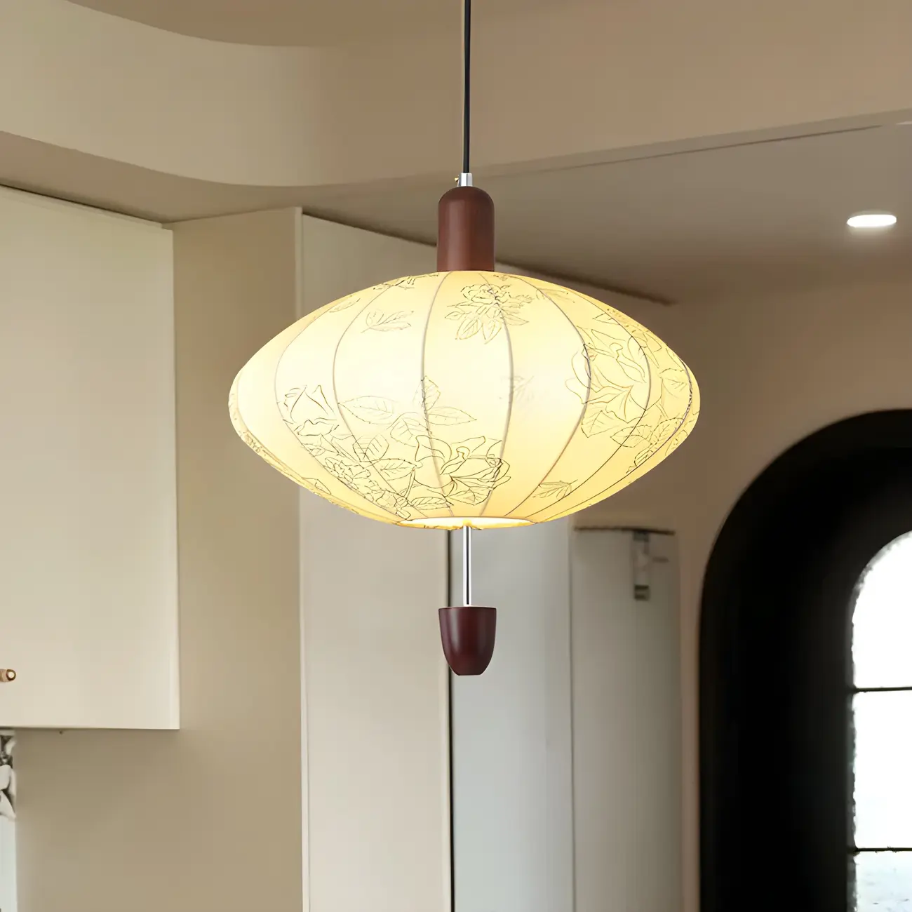 Elegant Flower Pattern Beige Fabric Geometric Chandelier