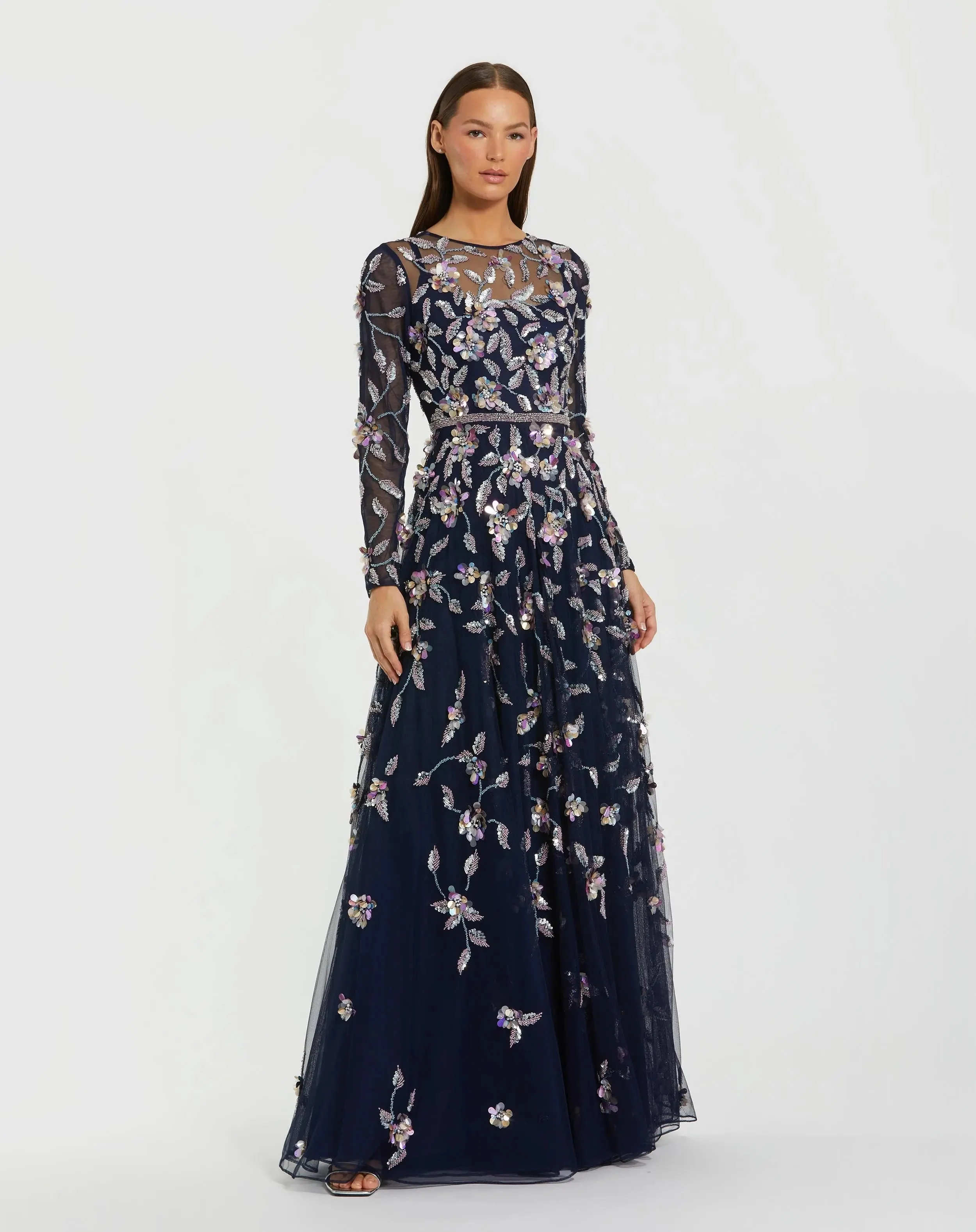 Navy Long Sleeve Floral Embellished Evening Gown
