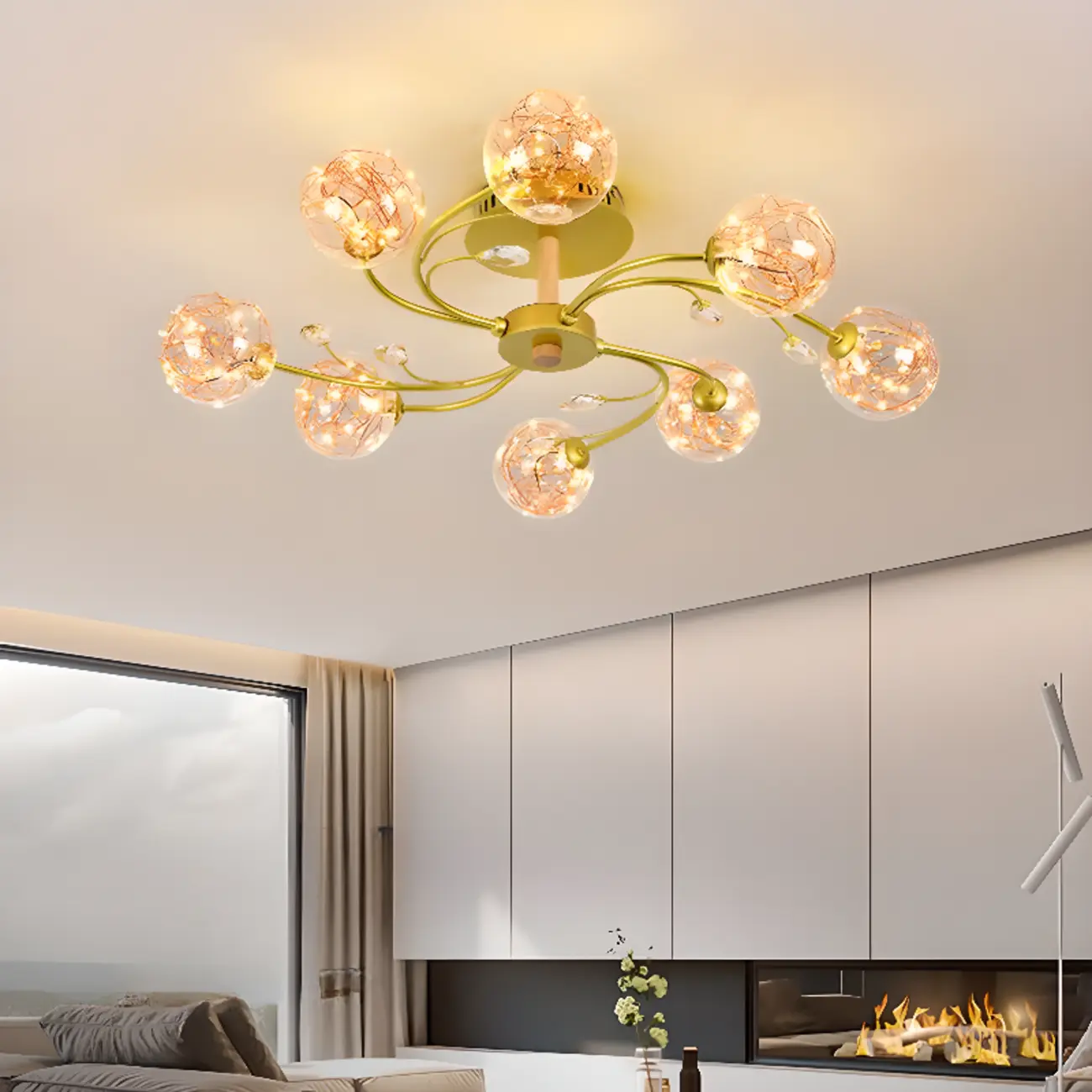 Crystal Globe Shade Gold Semi Flush Mount Light 3-Gear Dimming