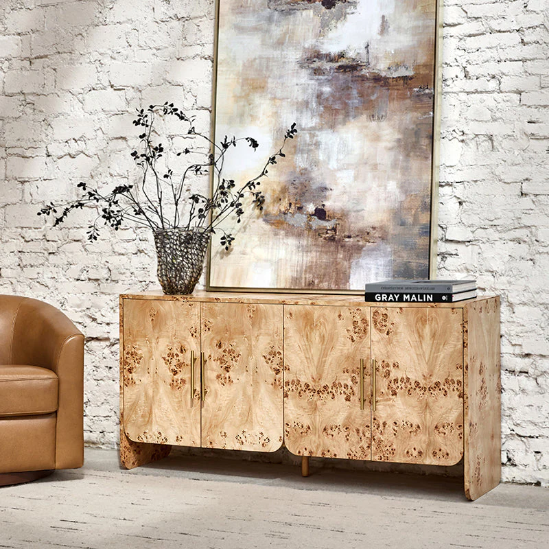 Burl Veneer Storage Cabinet with Drawer, Rounded Corners & Brushed Metal Handles | Natural / Walnut | Single