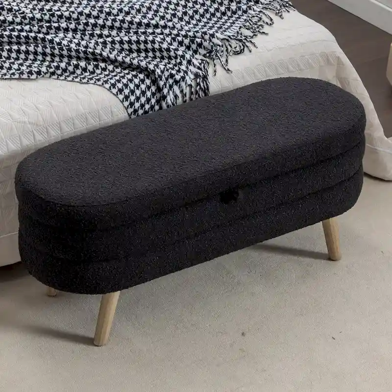 Boucle Fabric Storage Bench Bedroom Bench With Wood Legs For Living Room Bedroom Indoor,Black