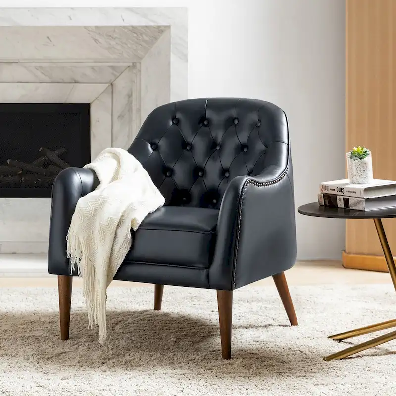 Melisa Classic Genuine Leather Wood Legs Barrel Chair With Tufted Back By HULALA HOME