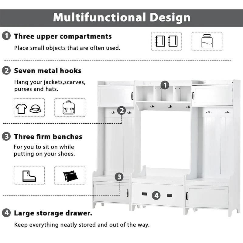 Merax 4-in-1 Multifunctional Entryway Bench Hall Tree with 7 Metal Black Hooks