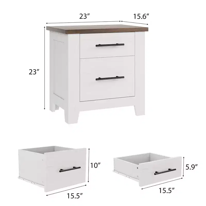 Garvee Nightstand With 2 Drawers, Farmhouse Night Stand With Brown Tabletop, Distressed White , Supports 170 LBS