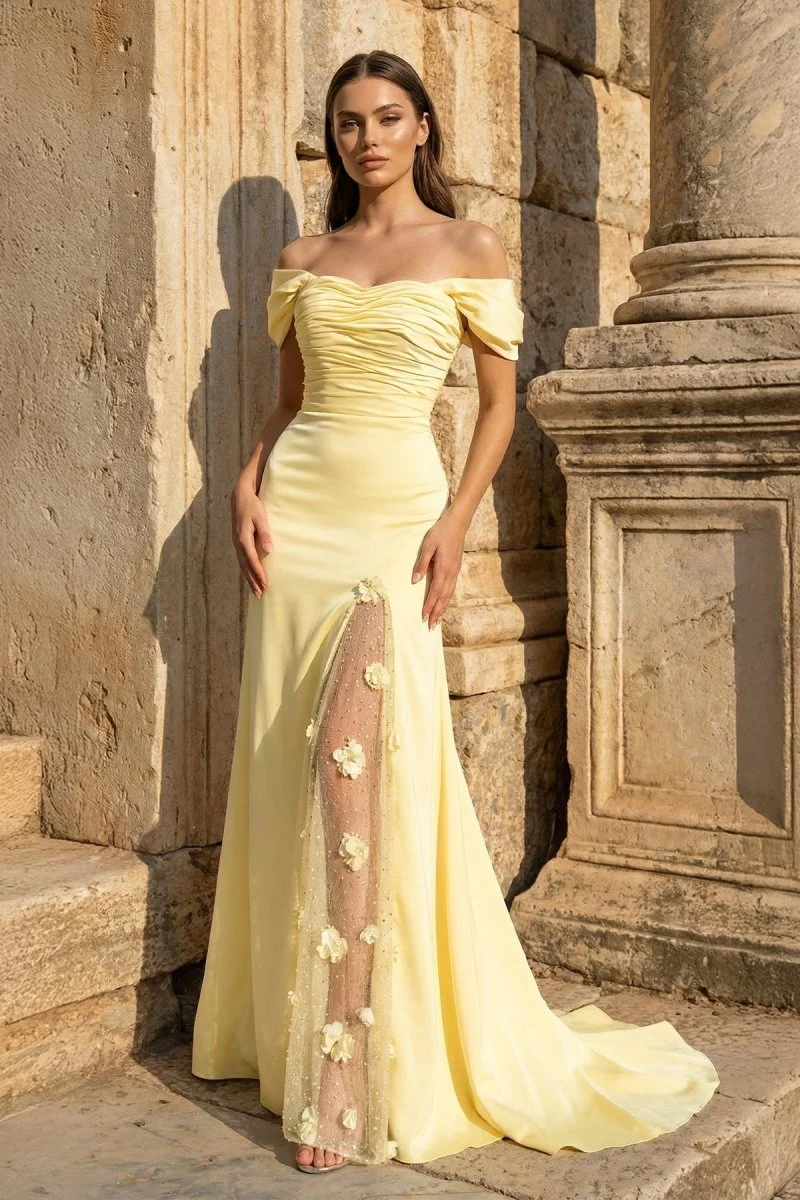 Yellow Mermaid Off The Shoulder Satin Long Prom Dresses With Flowers