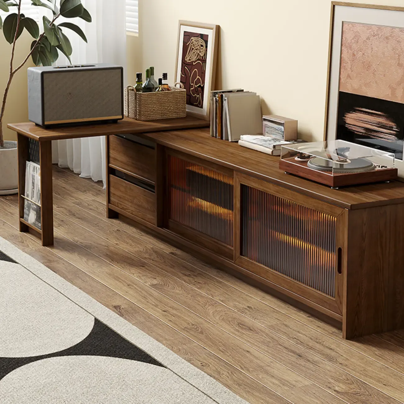 Extendable Long Brown Wood TV Stand with 2 Cabinets