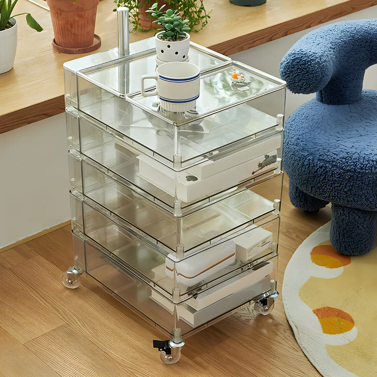 Vibrant Yellow Transparent Nightstand with Drawers and Wheels