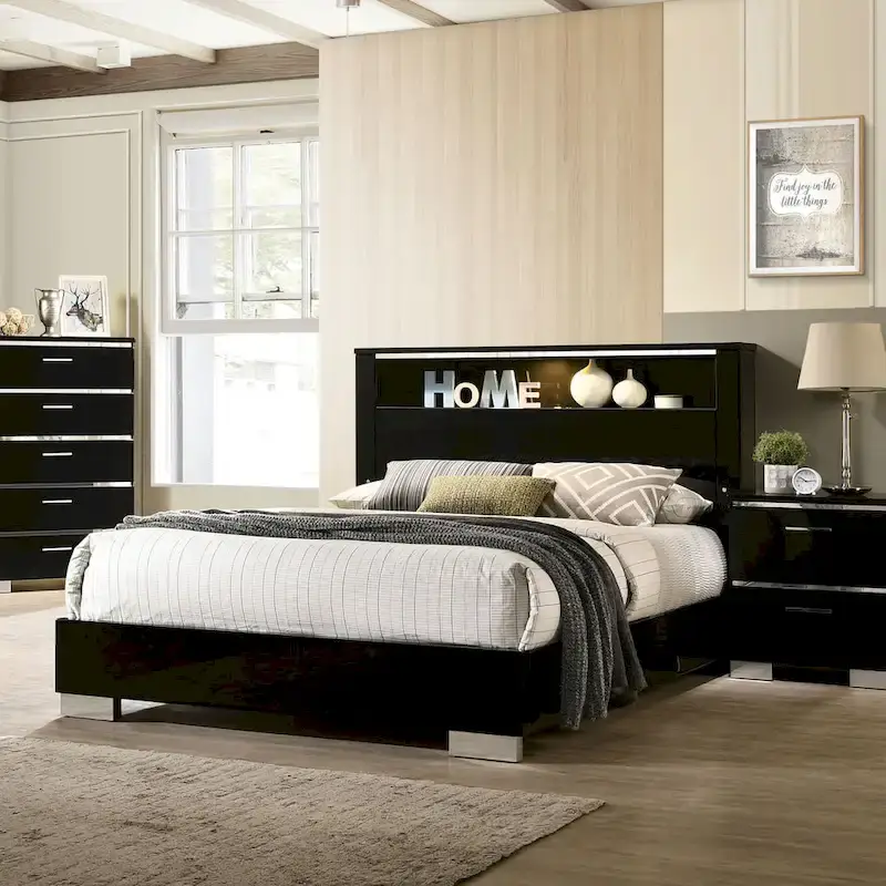 Modern Black Wood Panel Bed with LED