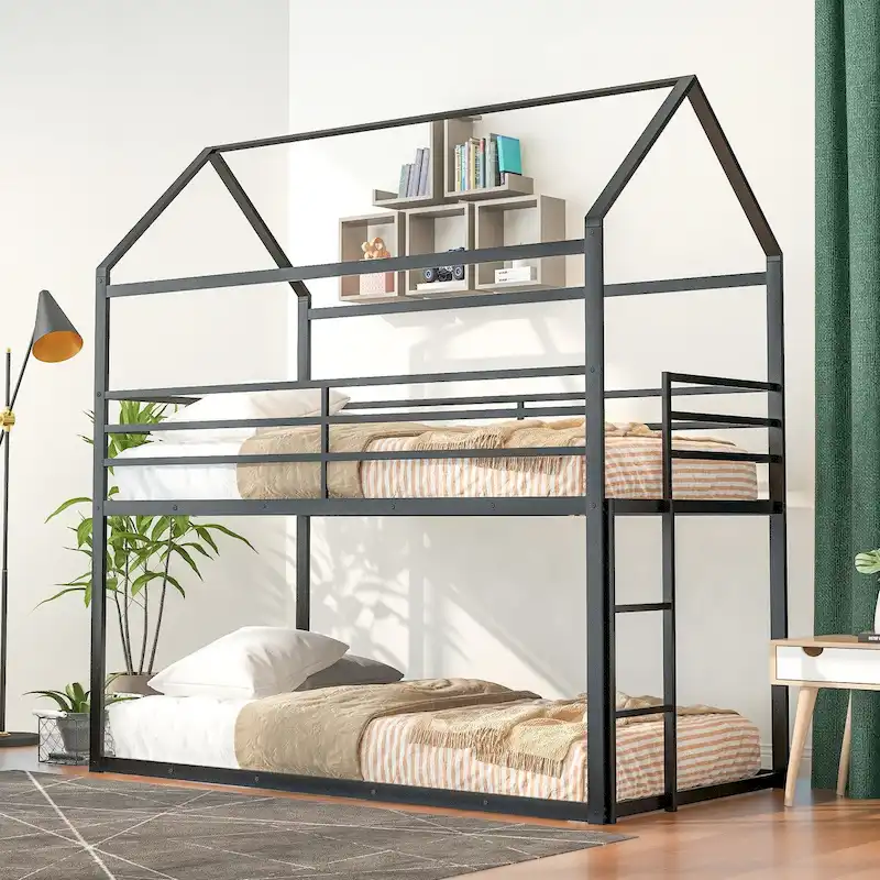 Black / White House-Style Metal Bunk Bed with Ladder, Twin over Twin, Sleeps 2