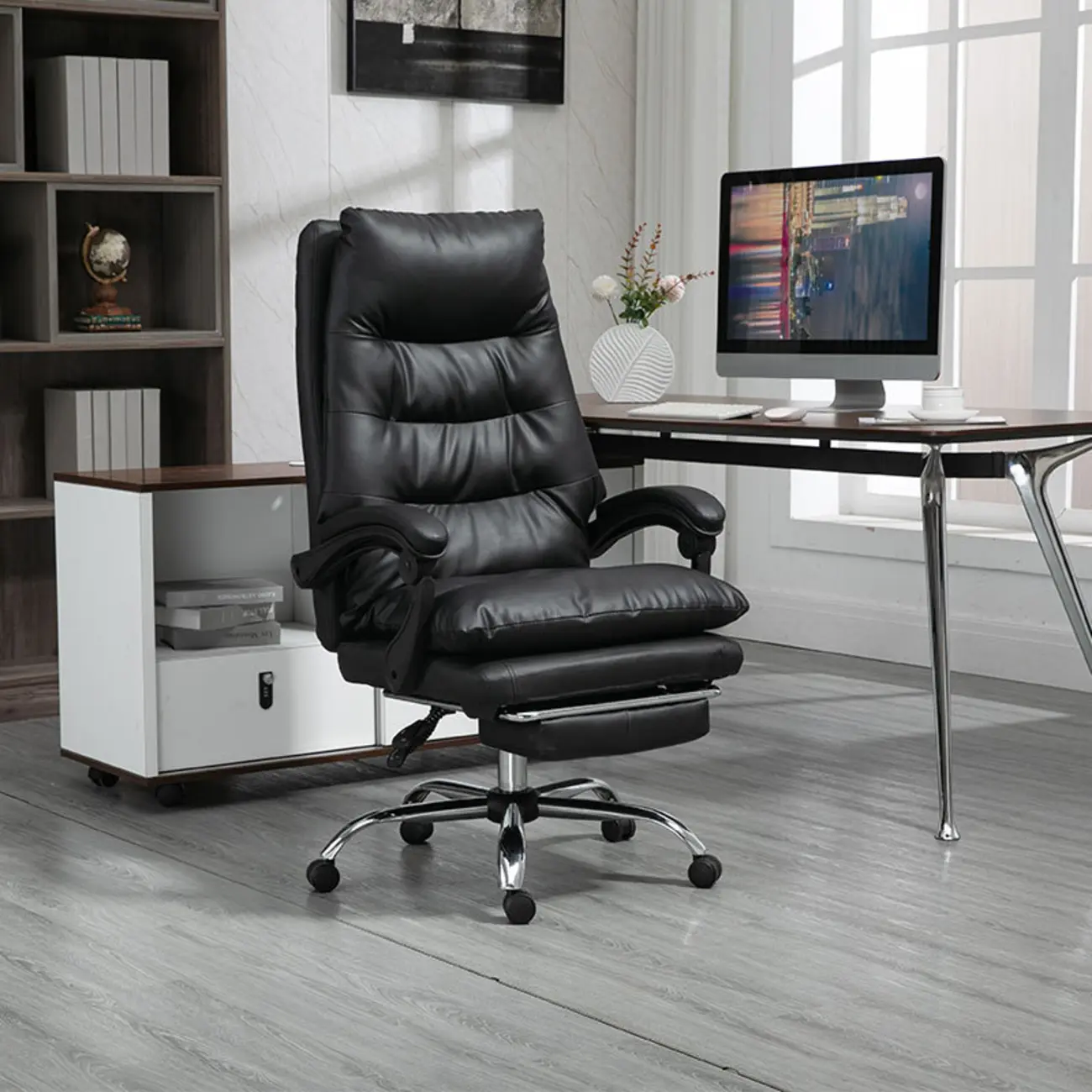 Reclining Black Leather Upholstered Office Chair