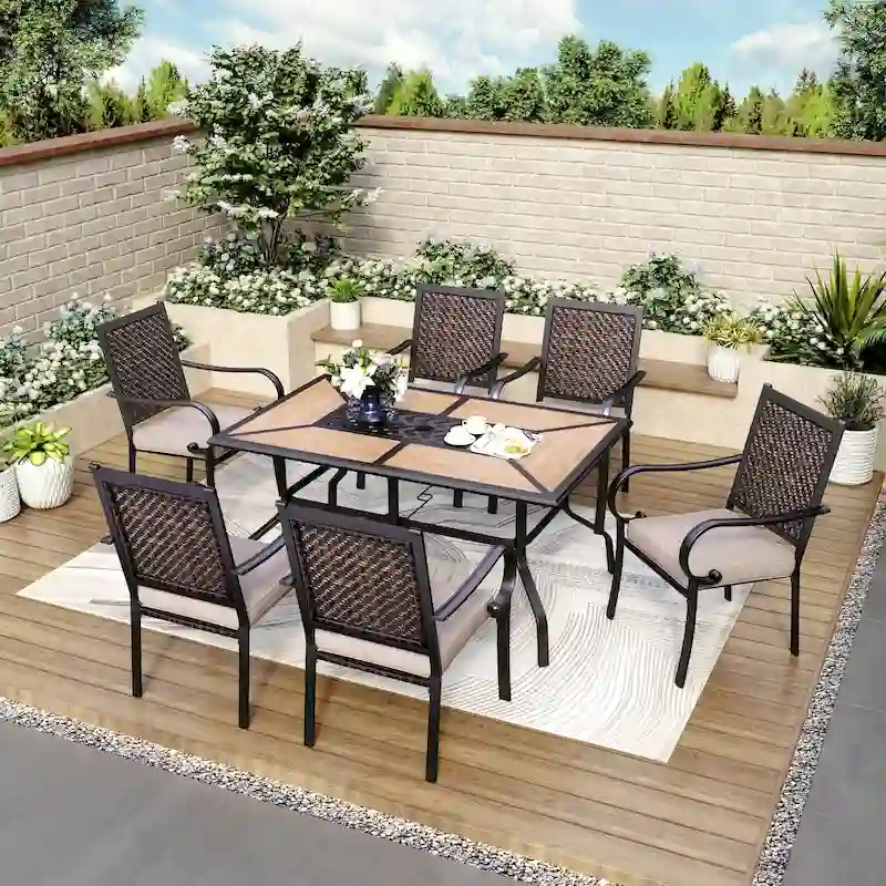 MAISON ARTS 7-piece Patio Dining Set, 6 Rattan Chairs with Cushion and 1 Table with Umbrella Hole - N/A