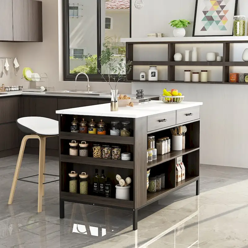 55.1 W Buffet Kitchen Island Cabinet with Open Shelves Two Drawers