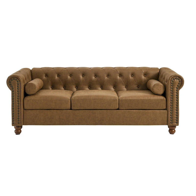Brown 74.5 Fabric Upholstered Chesterfield Sofa with Tufted Backrest, 2 Headrests, and Sponge Cushions