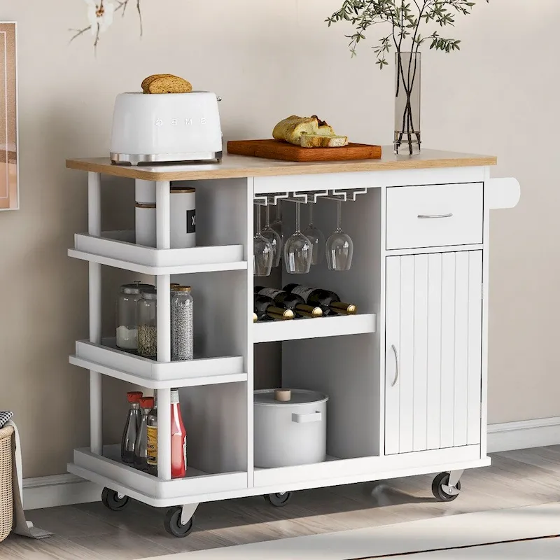 Rubber Wood Kitchen Cart with Adjustable Shelves and Wine Rack