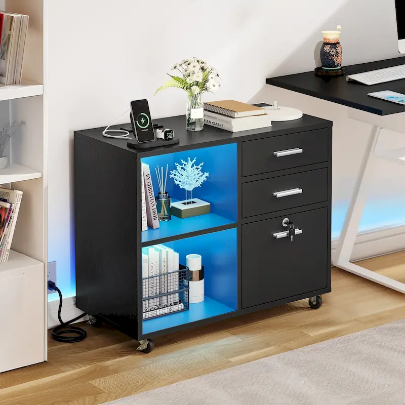 Brown Mobile Wood Lateral File Cabinet with Charging Station & Lock