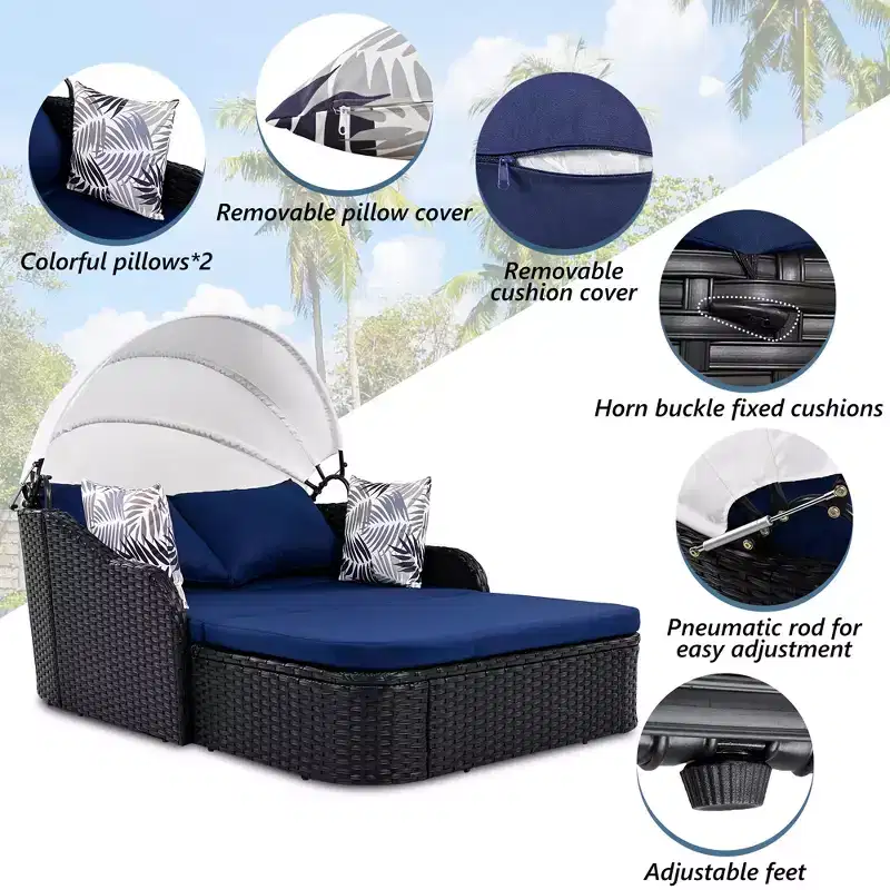 GDFStudio Sidney Patio Modern PE Rattan Double Chaise Lounge Daybed with Adjustable Canopy, Cushions and Pillows