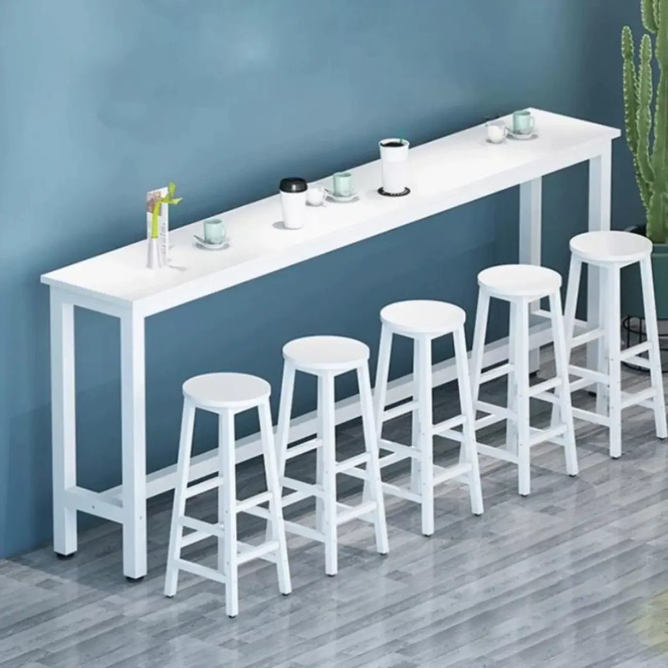 Simple White Rectangular Wood Bar Table With Footrest