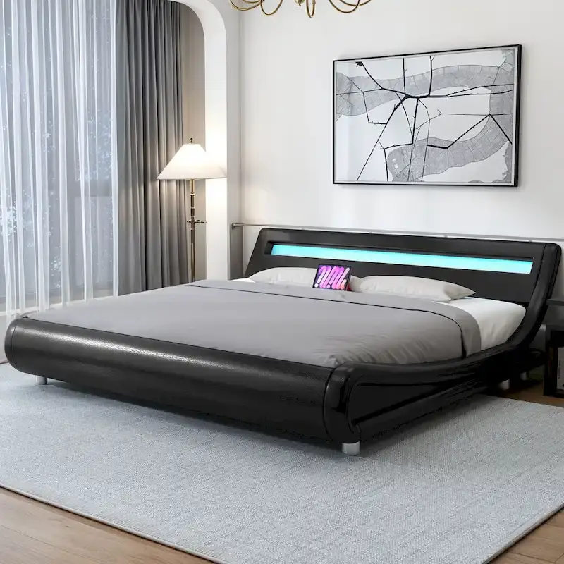 Black King LED Upholstered Bed Frame for 2