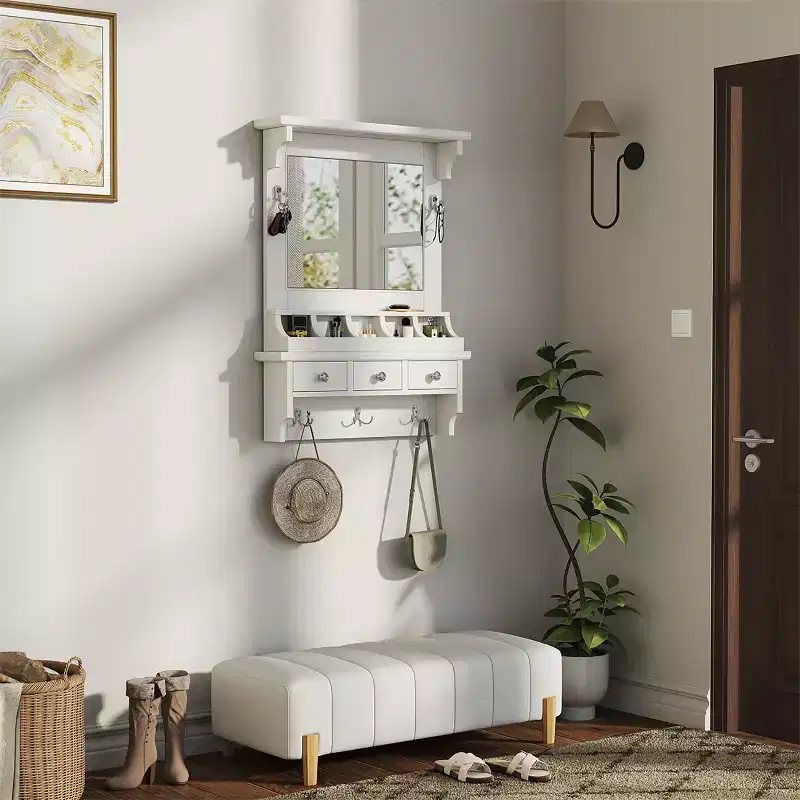 JVNOXK White Floating Makeup Vanity with Big Mirror, Wall-Mounted Storage Vanity with Drawers, Pockets & Hooks, Space-Saving for Small Space