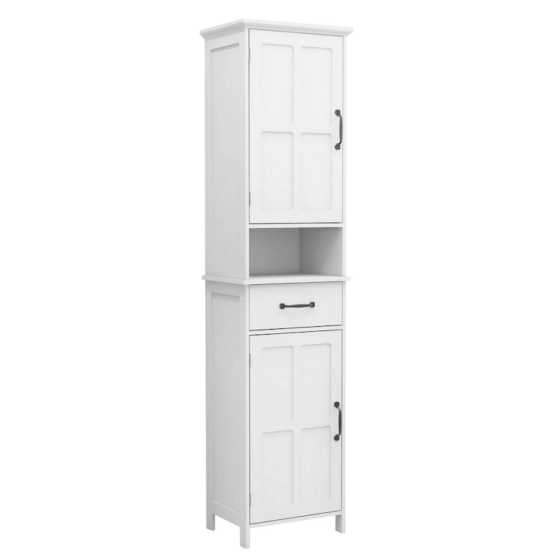 65 Inch Tall Standing Cabinet with 1 Open Shelf, Black Metal Handles, White