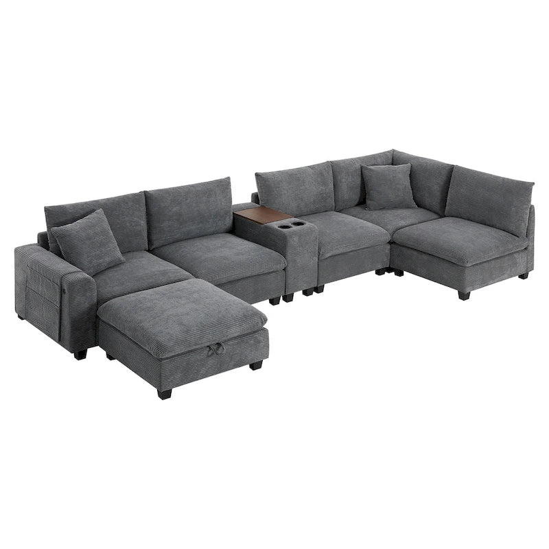 U Shaped Chenille Sofa w/Ottoman,Console,Cup Holder,Wide Seat,USB