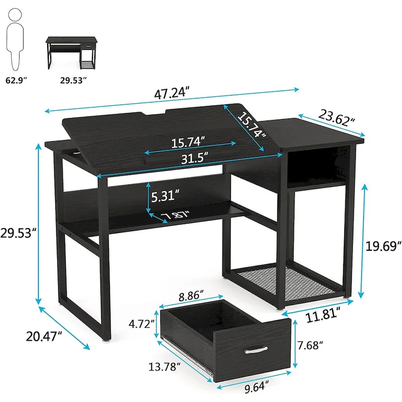 Drafting Table Drawing Computer Desk Artist Craft Table with Adjustable Top