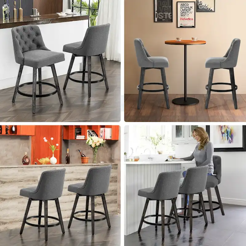 HOMYKA Tufted Swivel Bar Stool with Wood Grain Chair Legs Set of 2