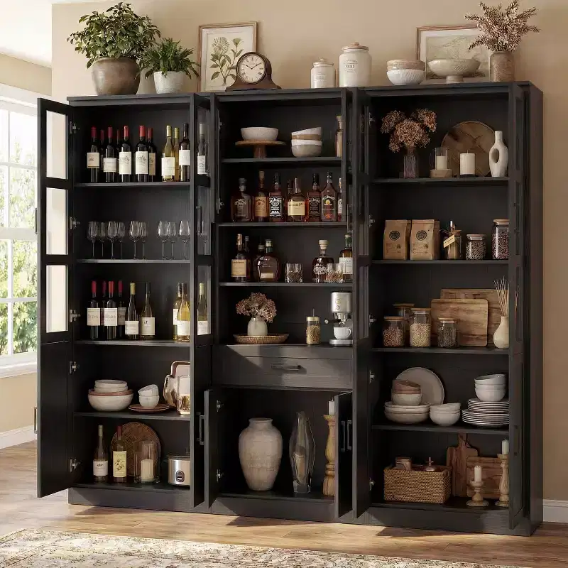 Set of 3 Kicthen Pantry Cabinet with Glass Door, Storage Display Bookcase with Drawer