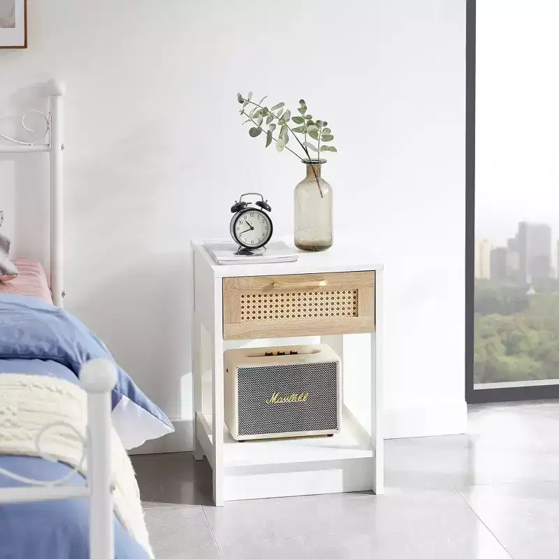 MAYEERTY Rattan End Table with Drawer, Modern Nightstand, Side Table for Living Room, Bedroom, White