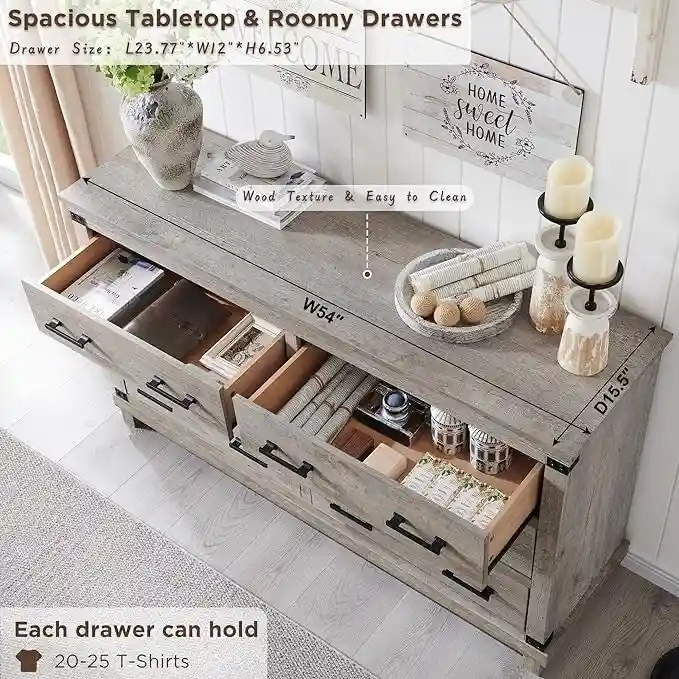 Farmhouse 6 Drawers Dresser, Wood Chest of Drawers, Closet Dresser