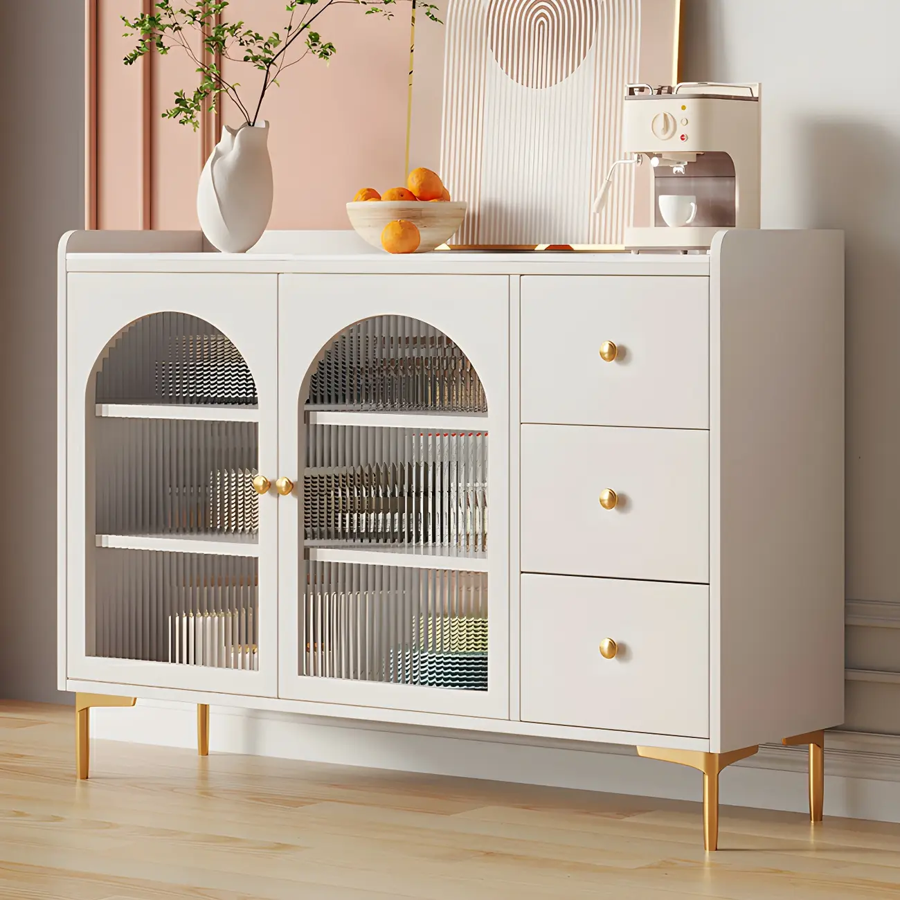 Glam White Wooden Buffet Table with Drawers & Shelves