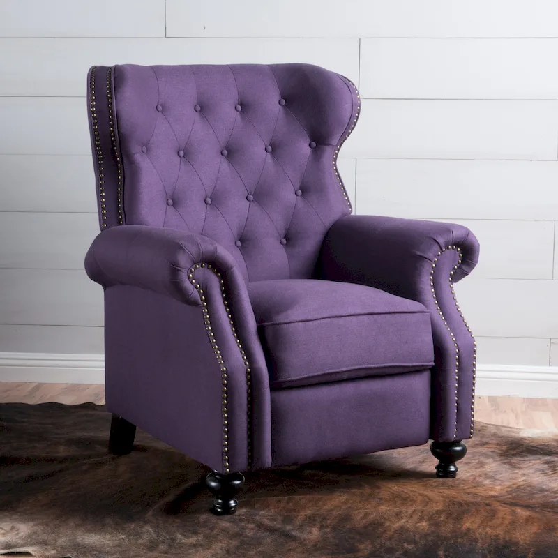 Purple Push Back Recliner with Copper Accents and Rolled Arms