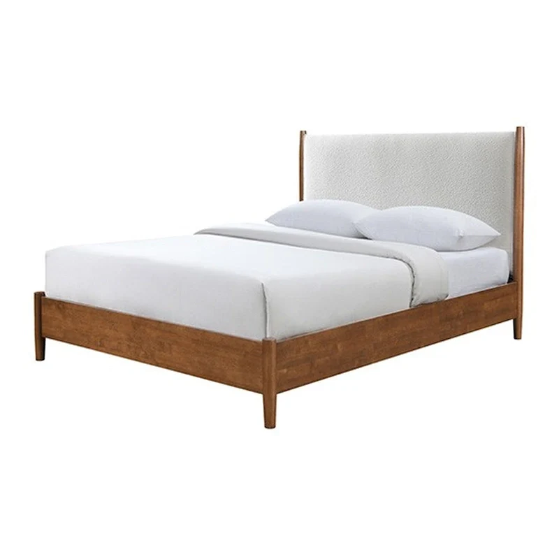 Queen Bed, Beige Boucle Upholstered Headboard Walnut Brown Solid Wood