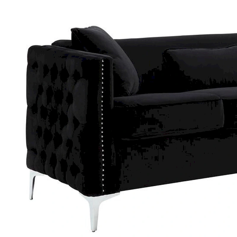 Joel 73 Inch Modern Sofa with 3 Pillows, Tufted Black Velvet, Silver Legs