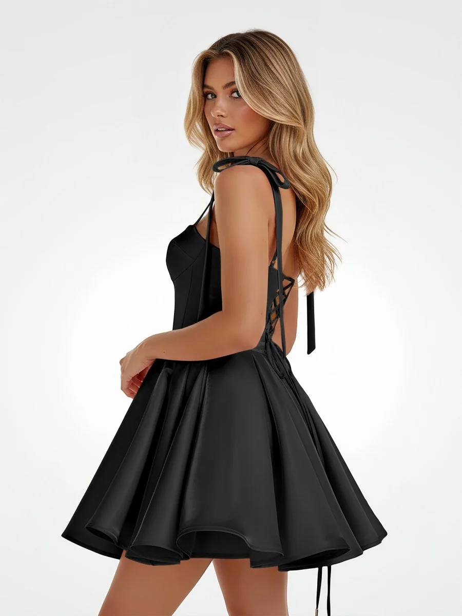 Black – Spaghetti Straps Satin Pleated A-Line Homecoming Dress With Bow