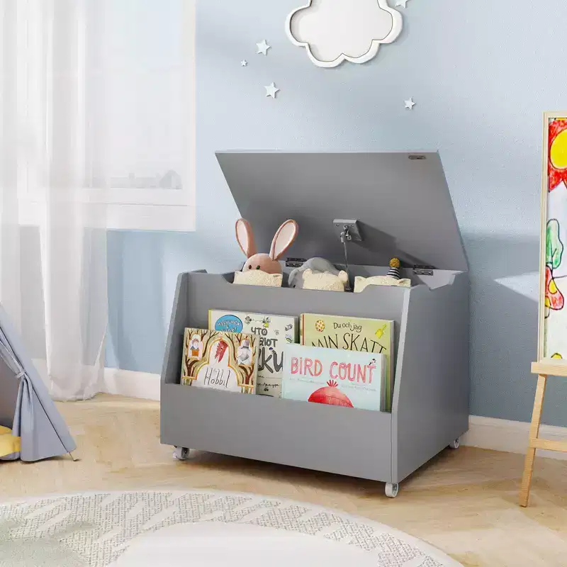 Costway Kids Toy Box Wooden Mobile Toy Storage Organizer with Bookshelf & Lockable Wheels White/Gray