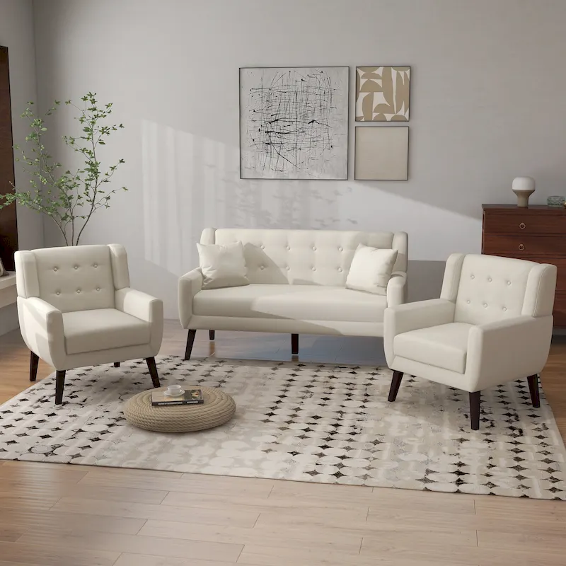 Tufted Linen/Cotton Loveseat with 2 Accent Chairs