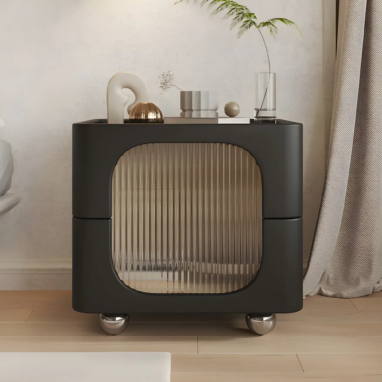 Minimalist Small Solid Wood Glass Cubic Black Nightstand