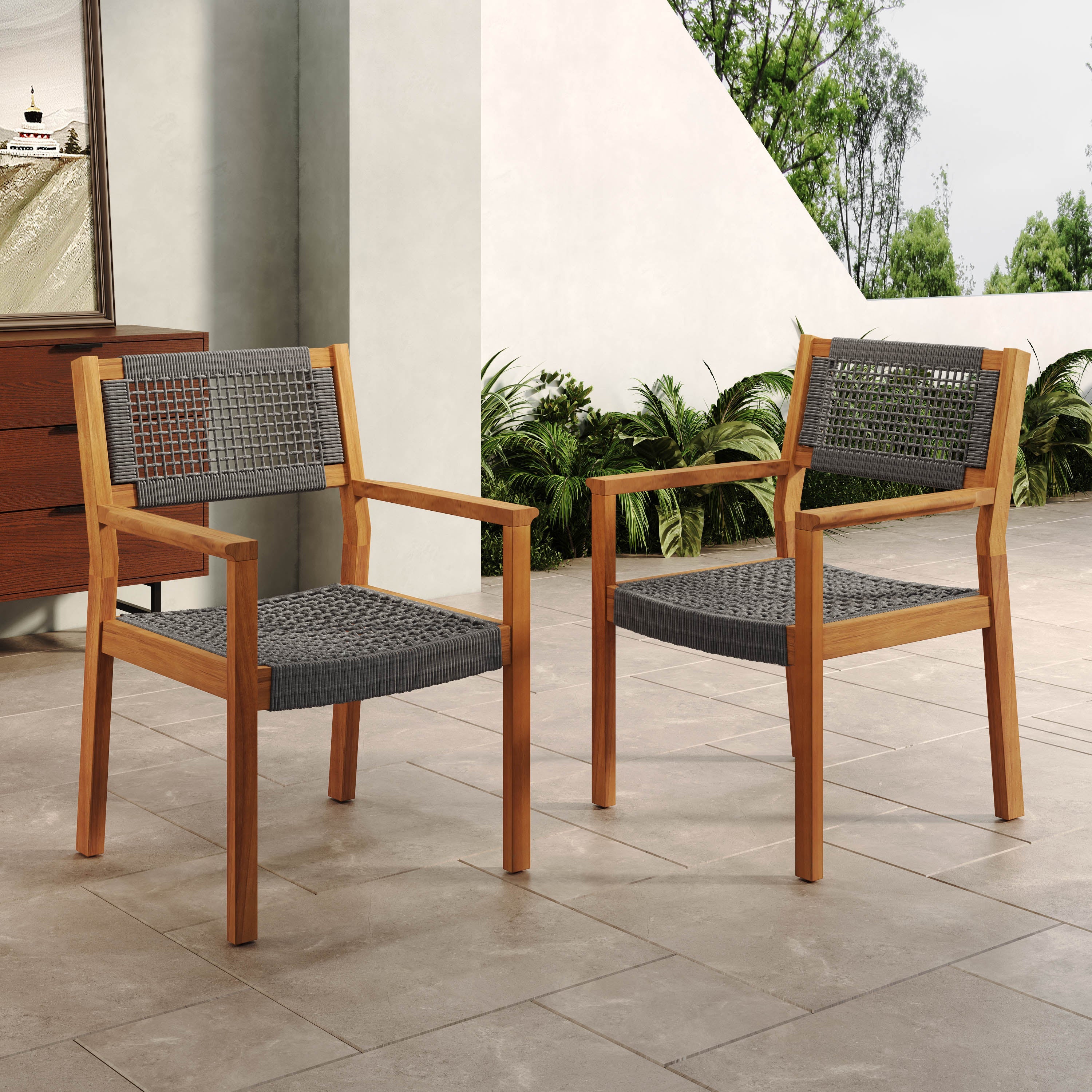 Outdoor Patio Acacia Wood Braided Rope Dining Chairs, Set of 2