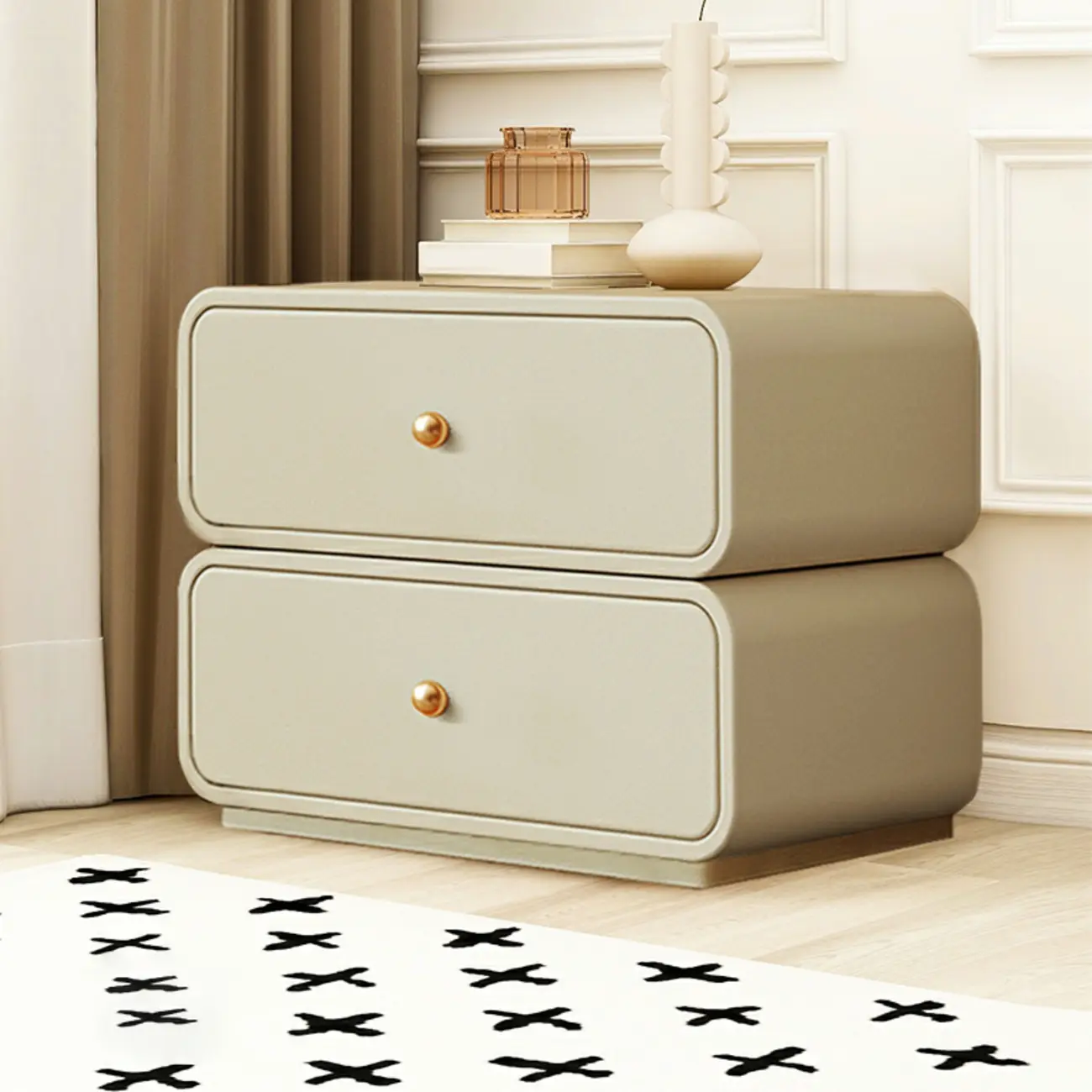 Modern White Faux Leather Rounded 2-Drawer Nightstand